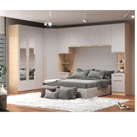 Quarto Modulado 3 Guarda Roupas 2 Mesas de Cabeceira 1 Módulo Ponte Aéreo San Diego Bege/Aveiro Oak/Cinza Urbano