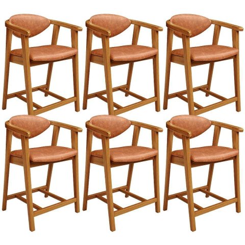 Kit 06 Banquetas Baixa Cozinha Sala de Jantar Bancada Cecília L02 Couríssimo Camel - Lyam Decor