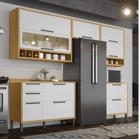 Cozinha Completa Modulada 100% MDF 5 Peças 8 Portas 4 Gavetas e Vidro 280cm Vicenza Espresso Móveis Branco/Amêndoa