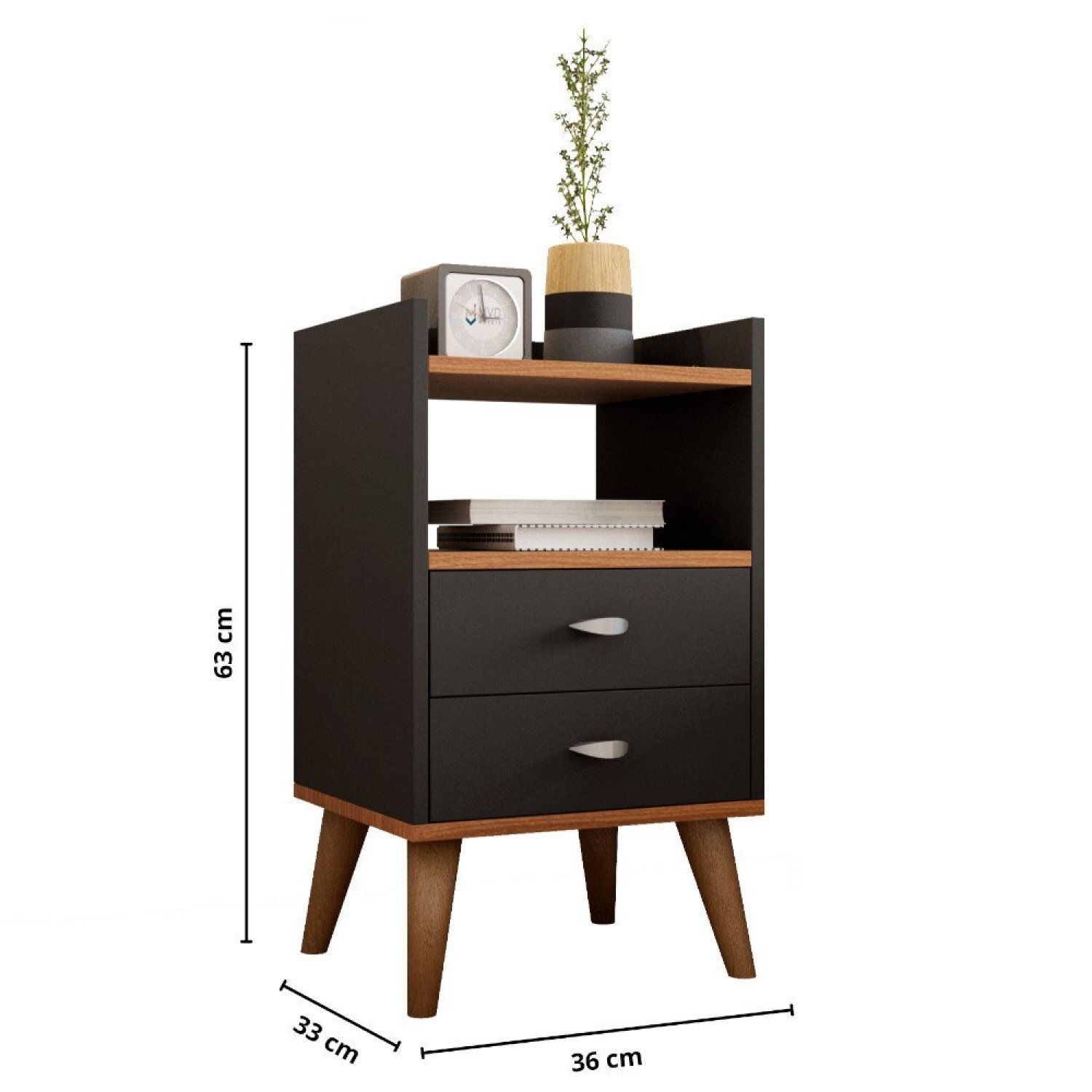 Kit 2 Mesa de Cabeceira Retrô Pés Palito em Madeira Maciça 2 Gavetas e Prateleira - 4