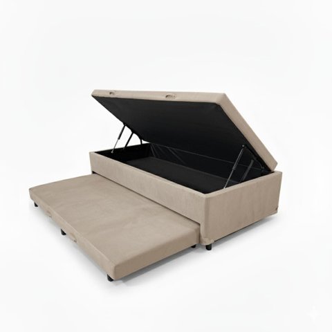 Cama Box Baú Solteiro com Auxiliar Conjugada |(188x88x42) - Suede Bege