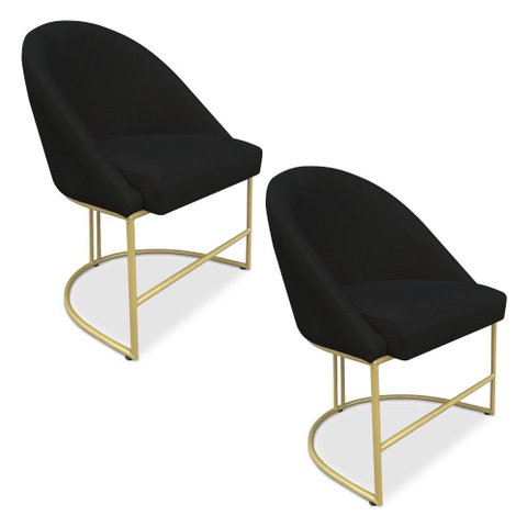 Kit 02 Cadeiras Poltrona De Jantar Bela Base Metálica Industrial Dourado Sala Recepção Veludo Preto 