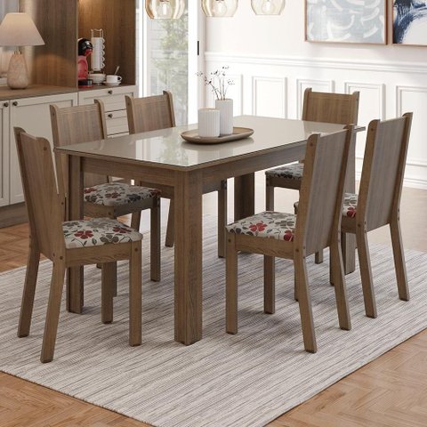 Conjunto Sala de Jantar Cereja Mesa Tampo de Vidro 6 Cadeiras Rustic/Crema/Floral Hibiscos Madesa