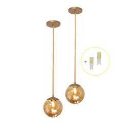 Kit 2 Pendente Dourado Quarto Cabeceira de Cama Bancada +Led Arevo Iluminação Jabuticaba VIDRO ÂMBAR - 1