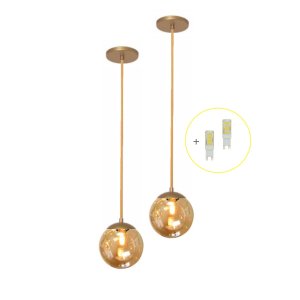 Kit 2 Pendente Dourado Quarto Cabeceira de Cama Bancada +Led Arevo Iluminação Jabuticaba VIDRO ÂMBAR