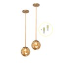 Ver imagem 1 de Kit 2 Pendente Dourado Quarto Cabeceira de Cama Bancada +Led Arevo Iluminação Jabuticaba VIDRO ÂMBAR