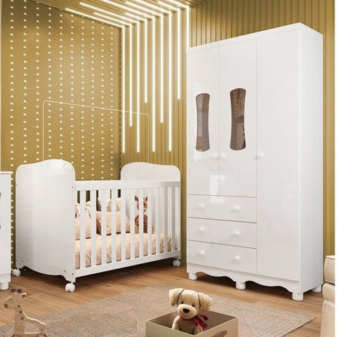 Quarto de Bebê Guarda-Roupa 3 Ptas 3 Gavetas e Berço 100% MDF Lana Espresso Móveis Branco Brilho