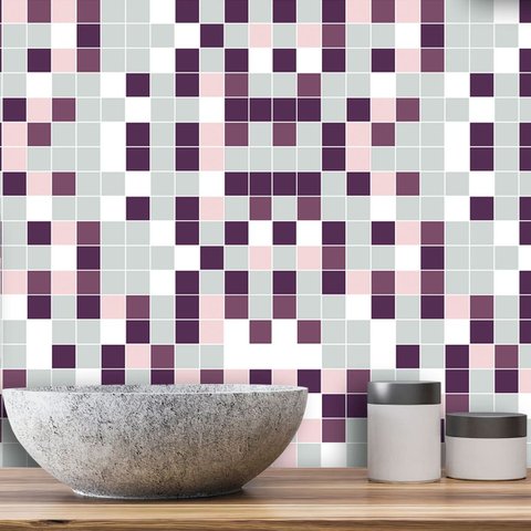 Papel de Parede Adesivo Pastilhas Tons de Cinza e Roxo 12m