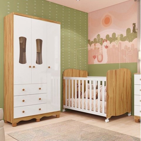 Quarto de Bebê Guarda-Roupa 3 Portas e Berço 100% MDF Lana Espresso Móveis Branco Brilho/Amêndoa