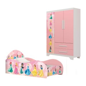Quarto Infantil Meninas Princesas Cama Colchão Guarda Roupas