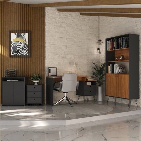 Conjunto 4 Peças com Escrivaninha Retrô, Armário Alto, Baixo e Gaveteiro Industrial Preto Freijó Artany