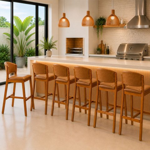 Kit 6 Banquetas Alta Madeira Maciça Encosto Estofado Corino Bancada Área Gourmet Movellu Home