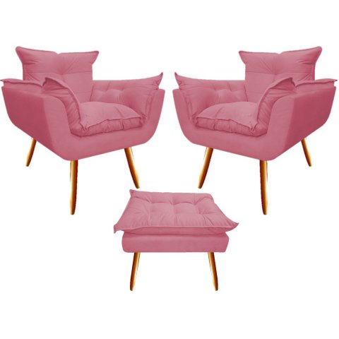 Kit 2 Poltronas + Puff Decorativo Opala Suede Rosa Pés Madeira Mz Decor