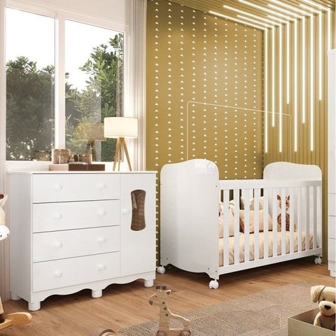 Quarto de Bebê Cômoda 1 Pta Janelada 4 Gavetas e Berço 100% MDF Lana Espresso Móveis Branco Brilho