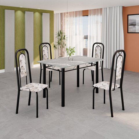 Conjunto de Mesa Tubular 120cm x 75cm Tampo Granito Topázio com 4 Cadeiras Lara Preto