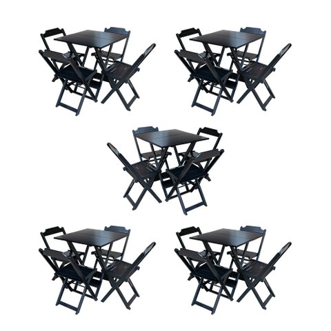 Kit 5 Conjuntos de Mesa Dobravel com 4 Cadeiras de Madeira 70x70 para Restaurante e Bar - Preto