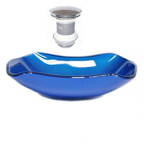 Cuba de Vidro Abaulada 51cm Azul Escuro + Valvula Click