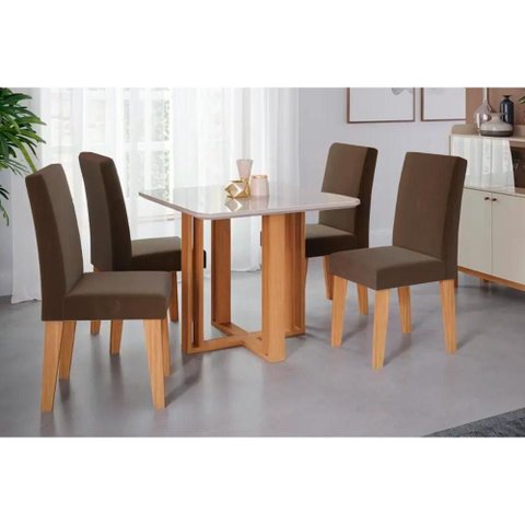 Conjunto: Mesa Sala Jantar Flora C/ Tampo Madeirado C/ Vidro 95x95cm e 4 Cadeiras Milena Nature/