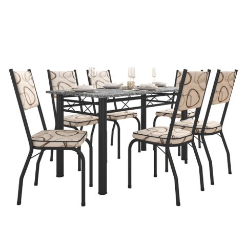 Conjunto Sala de Jantar Mesa Tampo Granito 1,40m com 6 Cadeiras Diana Preto / Cedro Artefamol