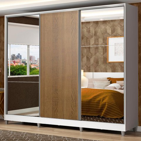Guarda Roupa Casal 100% Mdf Madesa Zurique 3 Portas de Correr com Espelhos com Pés