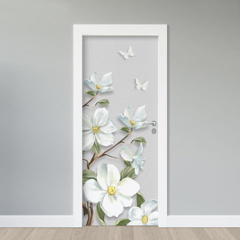Adesivo de Porta - Flores Branca 3d