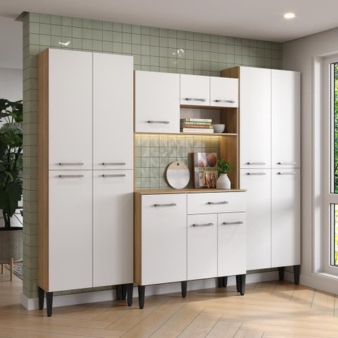 Cozinha Compacta Arizona Vision 14 Portas 1 Gaveta MDF-MDP 220cm Carvalho com Branco