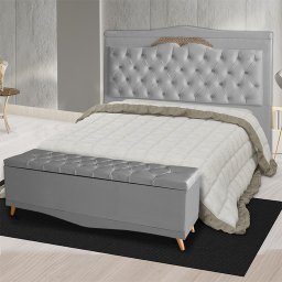Kit de Cabeceira de Cama Box e Calçadeira Baú Helena King 195 Cm Retro Capitonê Suede Prata Eli Móve - 2