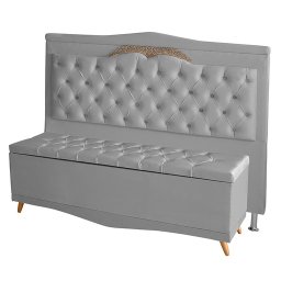 Kit de Cabeceira de Cama Box e Calçadeira Baú Helena King 195 Cm Retro Capitonê Suede Prata Eli Móve - 1