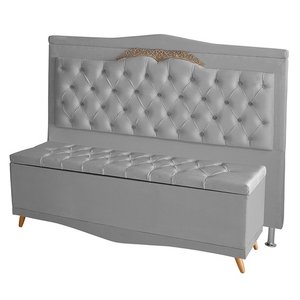 Kit de Cabeceira de Cama Box e Calçadeira Baú Helena King 195 Cm Retro Capitonê Suede Prata Eli Móve