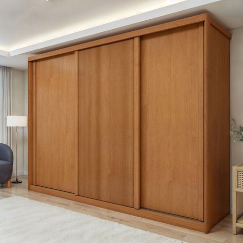 Guarda-Roupa Casal 3 Portas 6 Gavetas Flex MDF 274cm Ollie Yescasa Marrom Amêndoa Clean/Off White