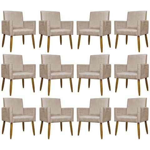 Kit 12 Poltronas Decorativas Mari Pé Palito Castanho - Bege Suede
