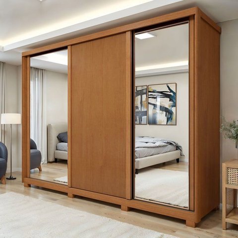 Guarda-Roupa Casal 3 Portas 6 Gavetas com Pés MDF 274cm Ollie Yescasa Marrom Amêndoa Clean/Off White