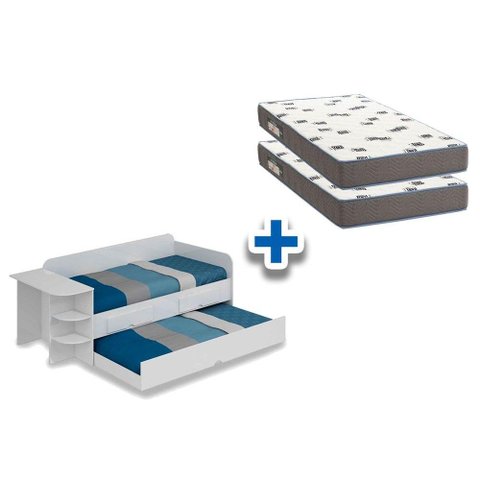 Colchão Solteiro D33 Ortobom (2un) + Sofá Cama c/ Auxiliar Branco