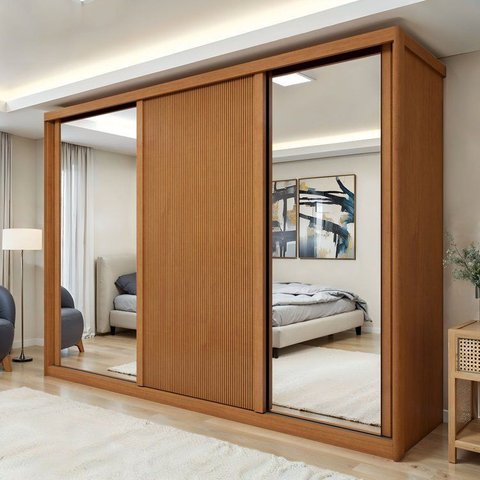 Guarda-Roupa Casal 3 Portas 6 Gavetas com Espelho MDF 274cm Ollie Marrom Amêndoa Clean/Off White