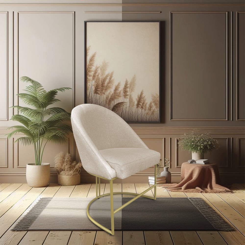 Cadeira Poltrona de Jantar Bela Linho Bege Base Metálica Industrial Dourado - Pallazio