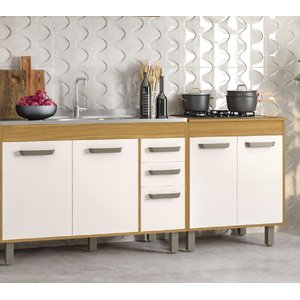 Cozinha Malta 190cm 5 Portas 2 Gavetas C/ Balcão de Pia e Cooktop - Freijó/off Acetinado Poliman