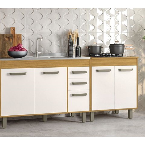 Cozinha Malta 190cm 5 Portas 2 Gavetas C/ Balcão de Pia e Cooktop - Freijó/off Acetinado Poliman