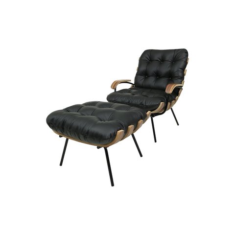 Poltrona e Puff de Couro Costela com Braço - Preto Pigmentado - Clube Móveis