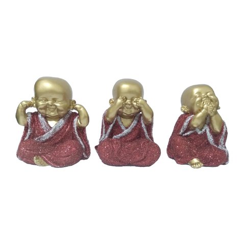 Trio de Buda Gordinho Glítter Gesso Decoração:vermelho