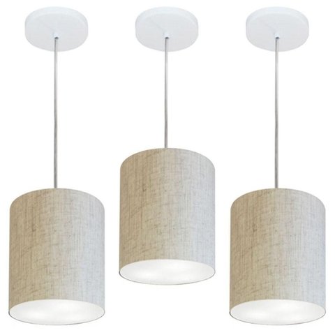 Kit/3 Lustre Pendente Cilíndrico Md-4012 Cúpula em Tecido 18x25cm Rustico Bege - Bivolt