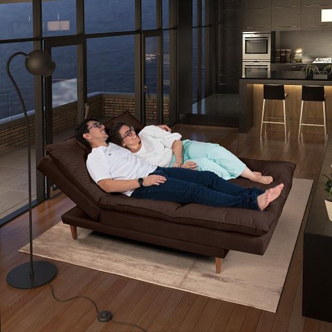 Sofá Cama Vancouver 3 Lugares Império Reclinável Casal Pés Madeira com Banqueta Suede Marrom 379