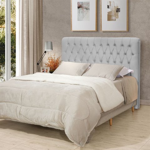 Cabeceira Cama Casal Estofada 1,40 Cm - Inca Veludo Cinza Claro