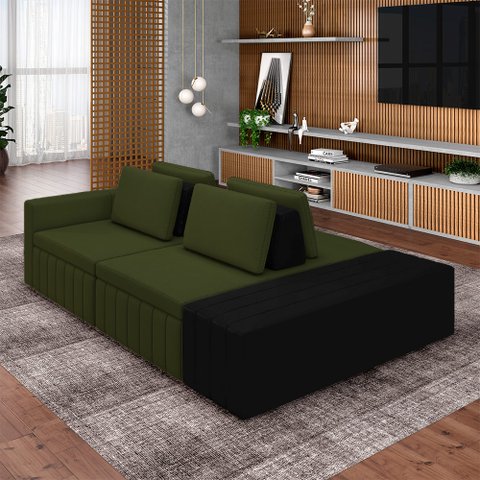 Sofá Ilha com Encosto e Almofadas Móveis Olimpo 265cm Modulado Linho/pu Verde/preto G45 - Gran Belo