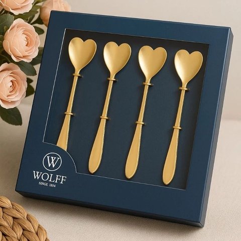 Cj 4 Colheres Aço Inox para Chá Heart Dourado