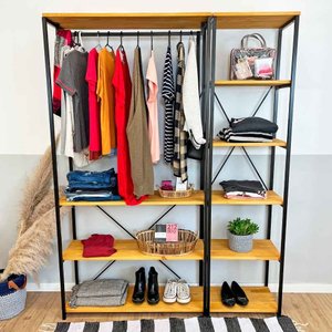 Kit Arara de Roupas High Ample e Estante Style Slim Industrial Nozes e Preto