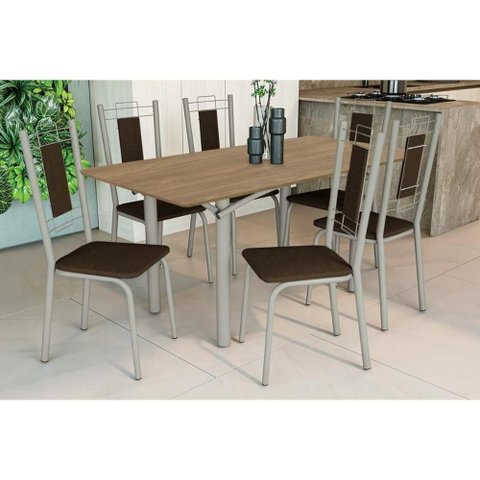 Conjunto: Mesa Sala Jantar Elba C/ Tampo de Madeira 160cm e 6 Cadeiras Florença Niquel/nogueira -