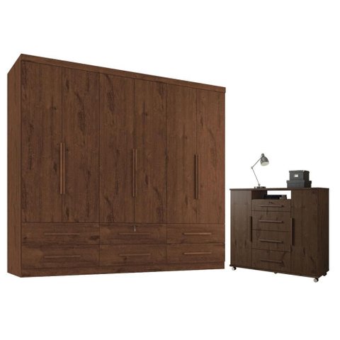 Guarda Roupa Casal Maximus 6 Portas com Cômoda Sapateira Versátil 4 Gavetas Jacarandá Fosco-