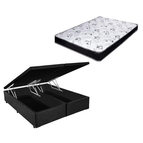 Cama Box Baú Casal Bi-Partido Green Preto + Colchão Espuma D28 138x188x14