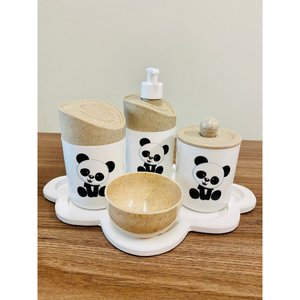 Kit Higiene Pandinha Baby - Madeira C/bandeja Nuvem Branca