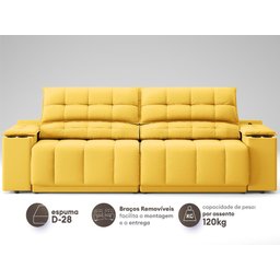 Sofá com Porta Copos Carregador USB Ret Rec Samurai 2,50m Velosuede Canário - NETSOFAS - 4